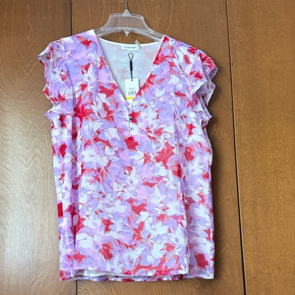 Calvin Klein NWT Women's V-Neck Floral Blouse - Red and Purple Flutter Sleeves